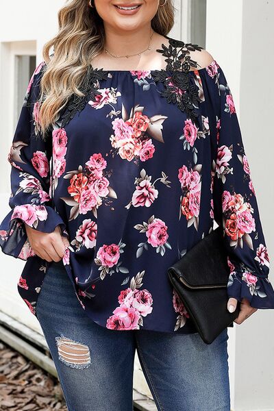 swvws Plus Size Floral Flounce Sleeve Blouse