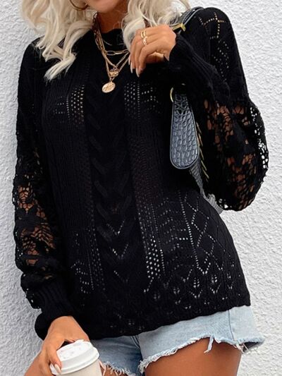 swvws Openwork Round Neck Dropped Shoulder Blouse