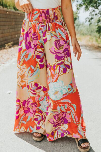 swvws Floral Smocked Wide Waistband Palazzo Pants