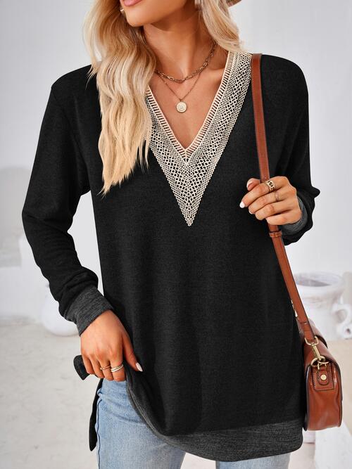 swvws Crochet Contrast V-Neck Long Sleeve Slit T-Shirt