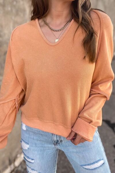 swvws Waffle Knit V-Neck Long Sleeve T-Shirt