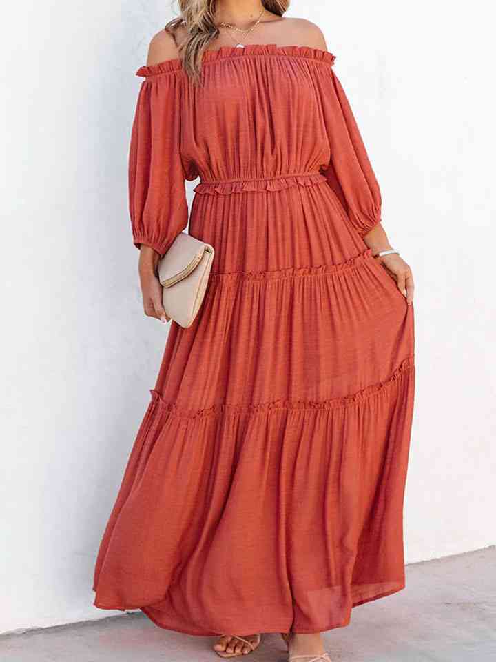 swvws Ruffle Trim Off Shoulder Long Sleeve Maxi Dress