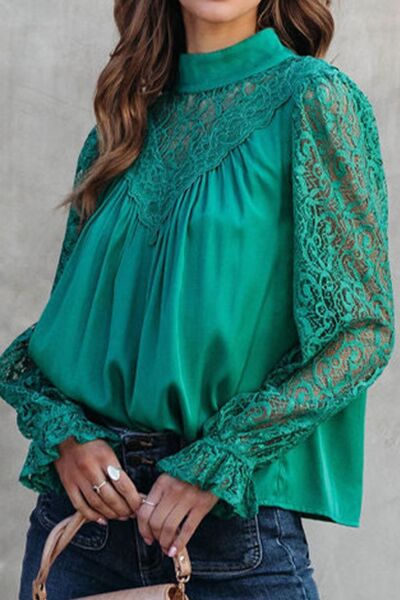 swvws Lace Detail Mock Neck Flounce Sleeve Blouse