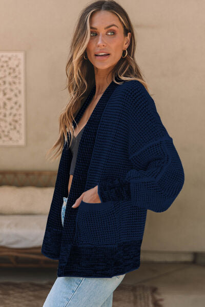 swvws Waffle-knit Pocketed Open Front Cardigan