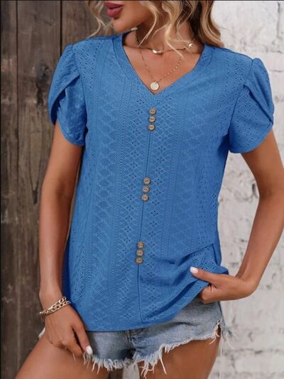 swvws Eyelet V-Neck Petal Sleeve T-Shirt