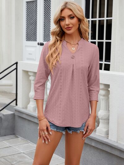 swvws Eyelet Notched Three-Quarter Sleeve Blouse