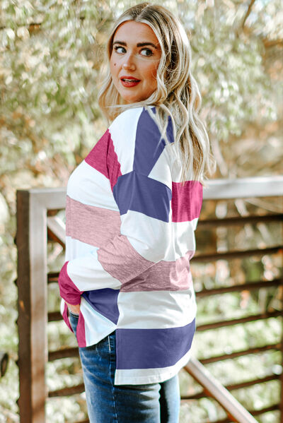 swvws Plus Size Striped Slit Long Sleeve T-Shirt