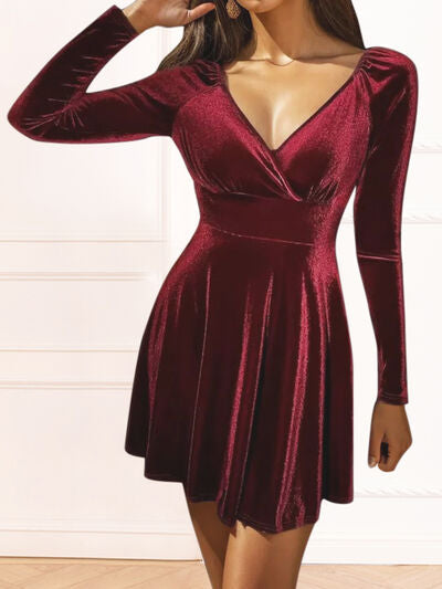 swvws Surplice Ruched Long Sleeve Mini Dress