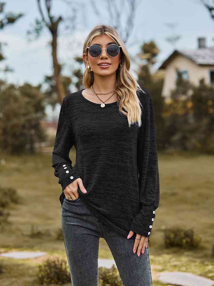 swvws Round Neck Long Sleeve Buttoned T-Shirt