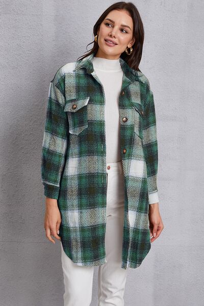 swvws Plaid Button Up Dropped Shoulder Coat with Pockets