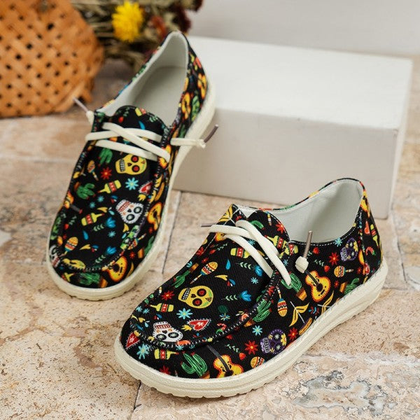 swvws - Black Casual Patchwork Printing Round Comfortable Shoes