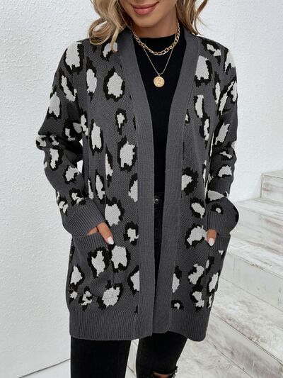 swvws Leopard Open Front Dropped Shoulder Cardigan