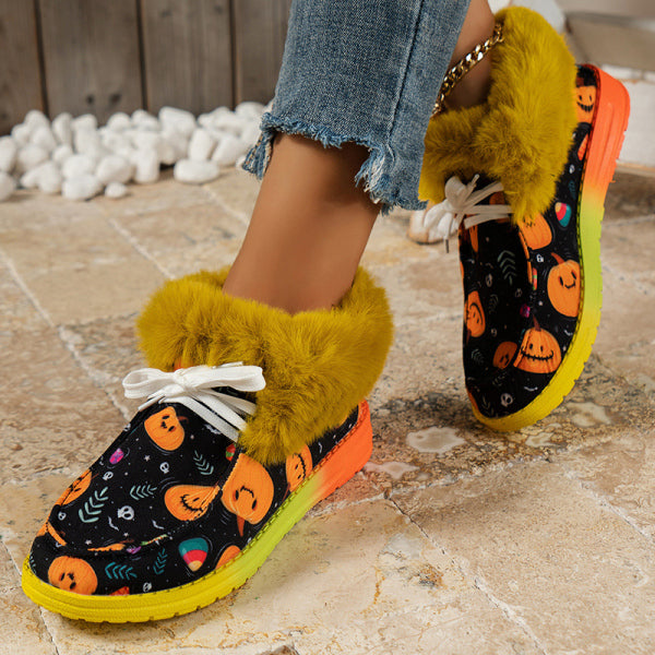 swvws - Black Casual Patchwork Frenulum Printing Round Keep Warm Comfortable Out Door Shoes