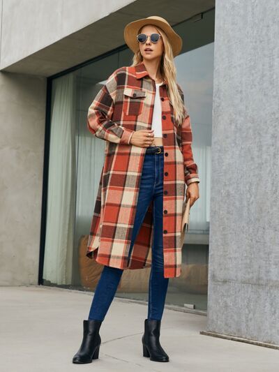 swvws Plaid Pocketed Button Up Trench Coat