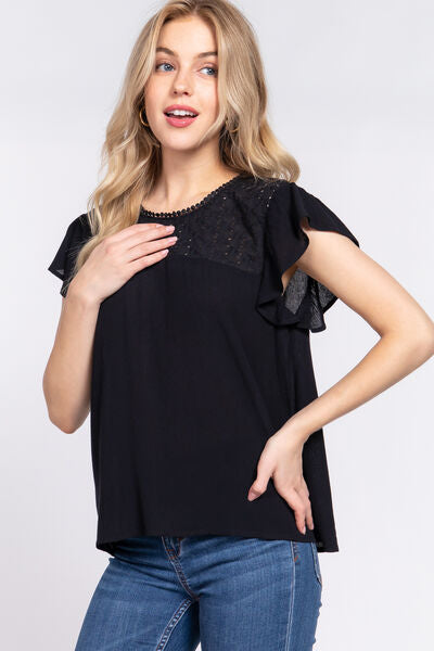 swvws ACTIVE BASIC Ruffle Short Sleeve Crochet Blouse