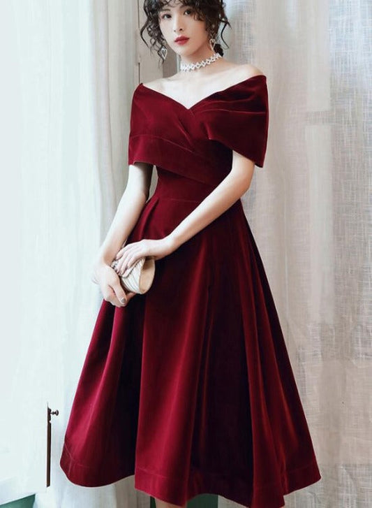 Tmallworld Beautiful Wine Red Velvet Tea Length Party Dress, Bridesmaid Dress