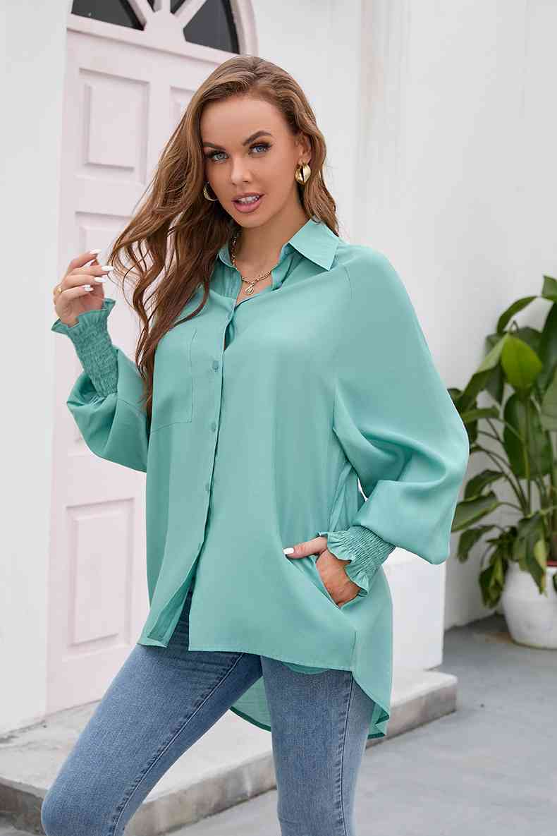 swvws High-Low Collared Neck Lantern Sleeve Shirt