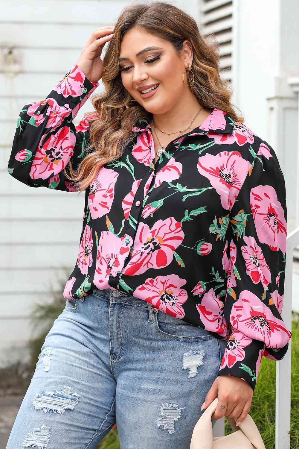 swvws Plus Size Printed Collared Neck Long Sleeve Shirt