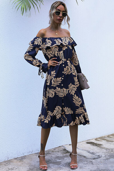 swvws Ruffled Printed Off-Shoulder Midi Dress