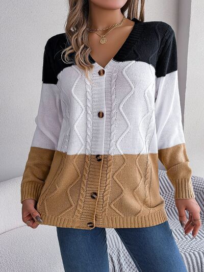 swvws Cable-Knit Striped Button Up Cardigan