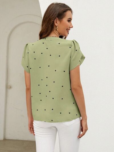 swvws Heart Print Notched Petal Sleeve Blouse