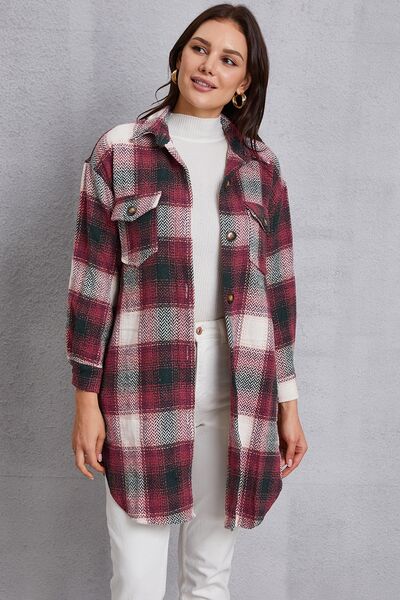 swvws Plaid Button Up Dropped Shoulder Coat with Pockets