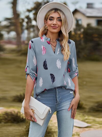 swvws Printed Frill Notched Roll-Tab Sleeve Blouse