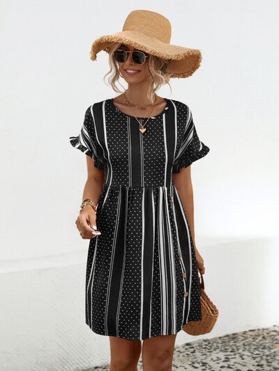 swvws Striped Polka Dot Frill Short Sleeve Mini Dress