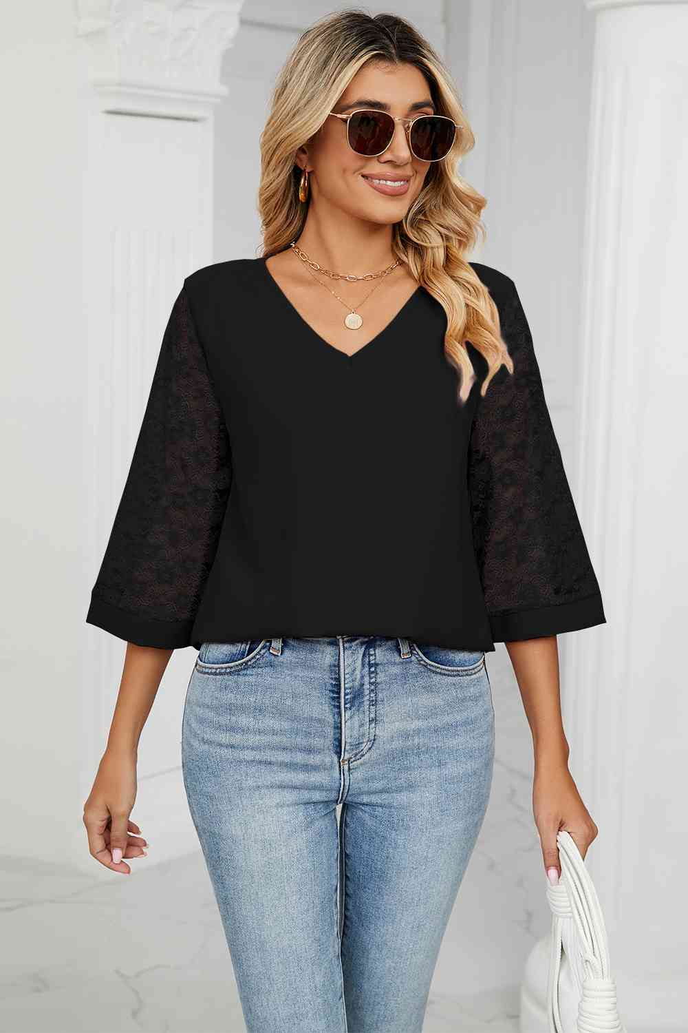 swvws V-Neck Three-Quarter Sleeve Top