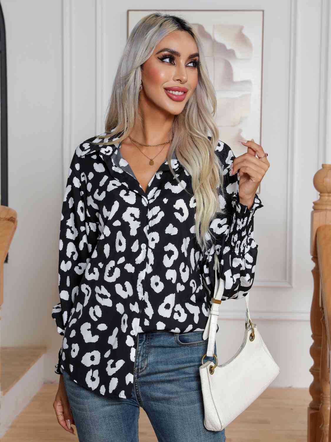 swvws Printed Collared Neck Buttoned Lantern Sleeve Shirt