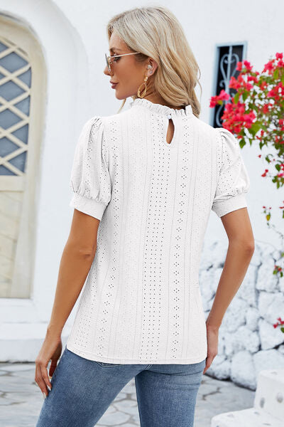 swvws Frill Mock Neck Short Sleeve Eyelet Blouse