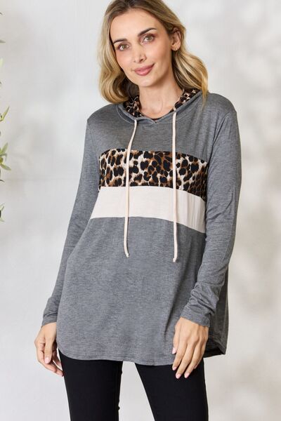 swvws BiBi Leopard Color Block Drawstring Hoodie