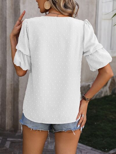 swvws Swiss Dot V-Neck Short Sleeve Blouse