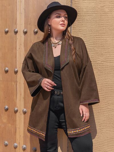 swvws Plus Size Embroidered Open Front Dropped Shoulder Jacket