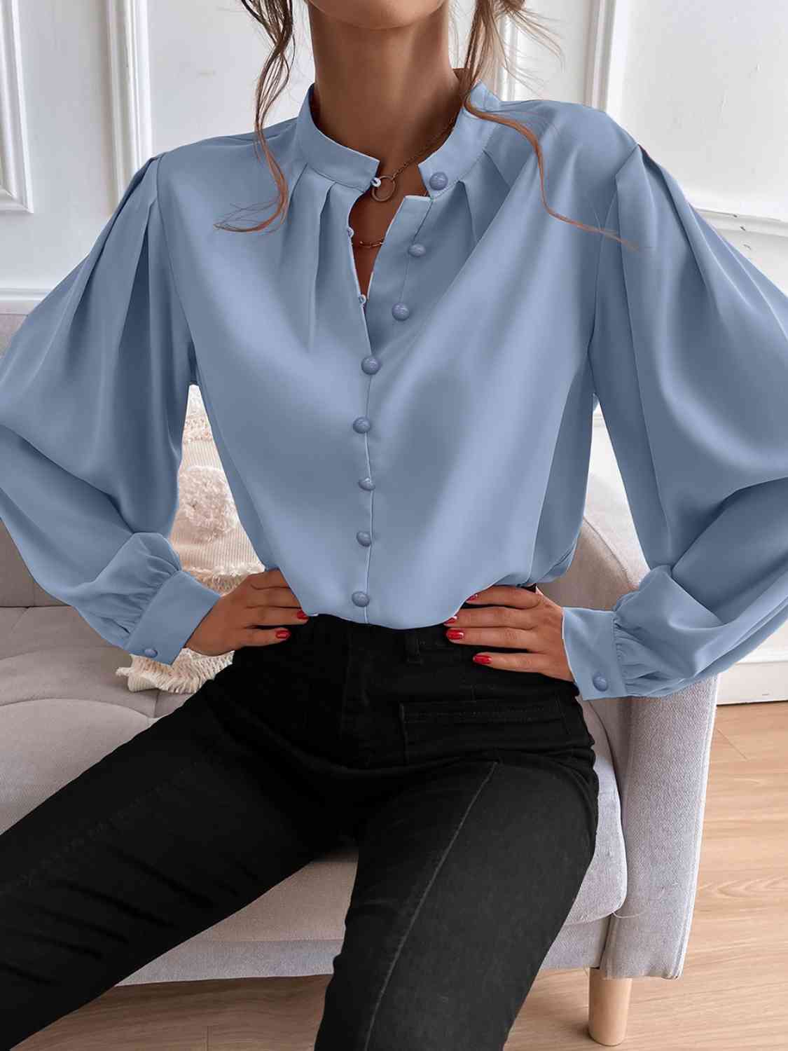 swvws Mock Neck Button Front Shirt