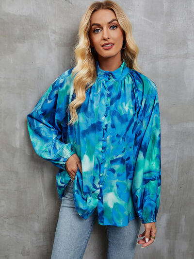 swvws Printed Mock Neck Balloon Sleeve Shirt