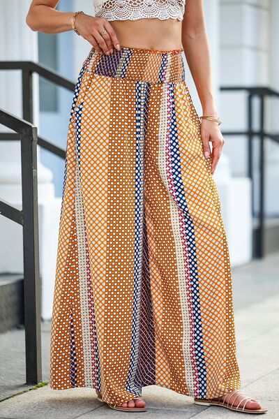 swvws Printed Smocked Wide Waistband Palazzo Pants