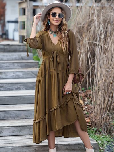 swvws Ruched Frill Long Sleeve Tiered Dress