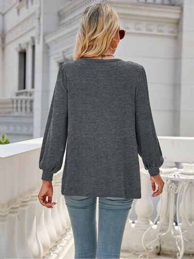 swvws Heathered Round Neck Lantern Sleeve Blouse