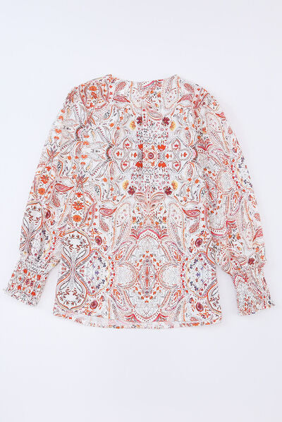 swvws Printed Tie Neck Long Sleeve Blouse