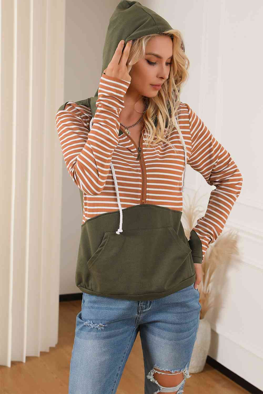 swvws Striped Color Block Drawstring Hoodie