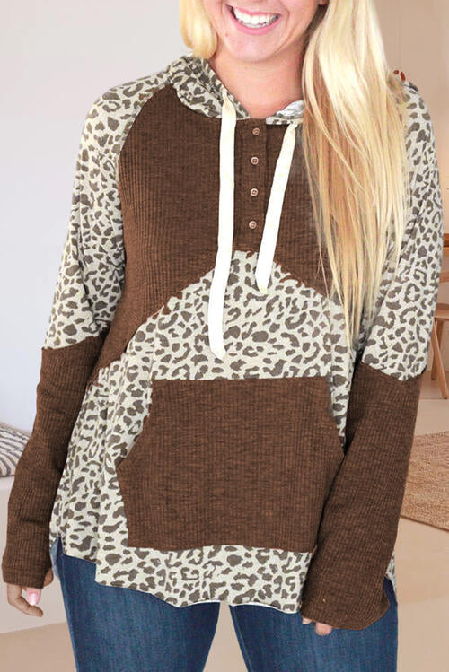 swvws Drawstring Leopard Long Sleeve Hoodie