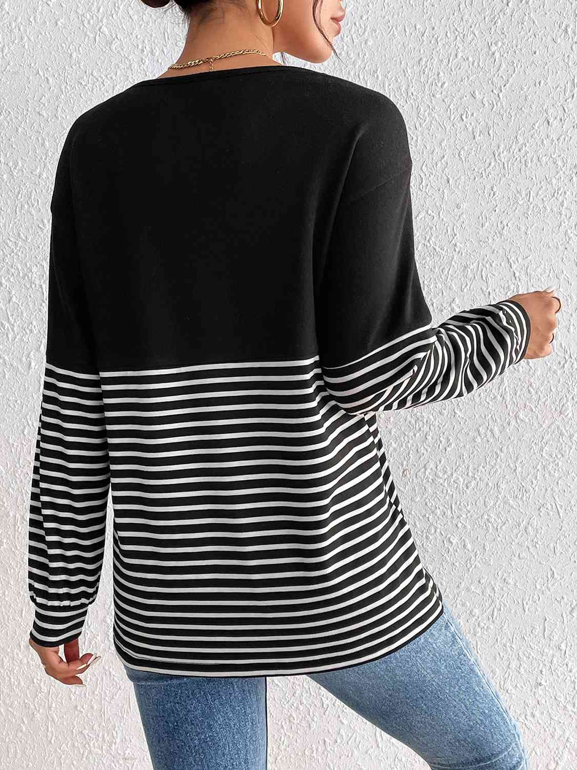 swvws Striped Crisscross V-Neck Long Sleeve T-Shirt