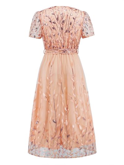 swvws Sequin Leaf Embroidery Tie Front Short Sleeve Dress