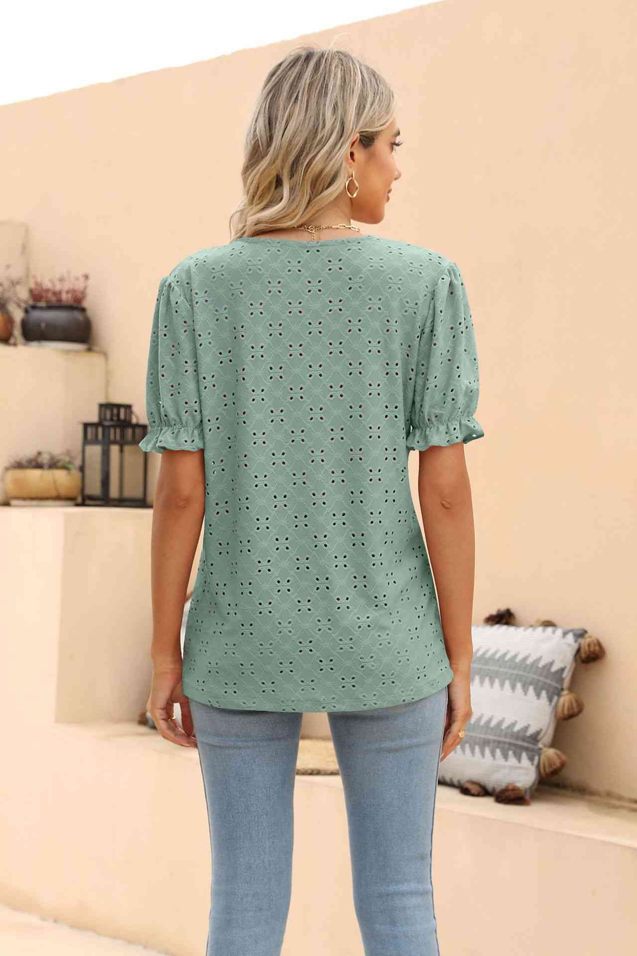 swvws Openwork Round Neck Flounce Sleeve T-Shirt