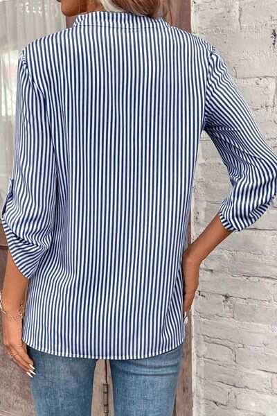 swvws Striped Notched Roll-Tab Sleeve Shirt