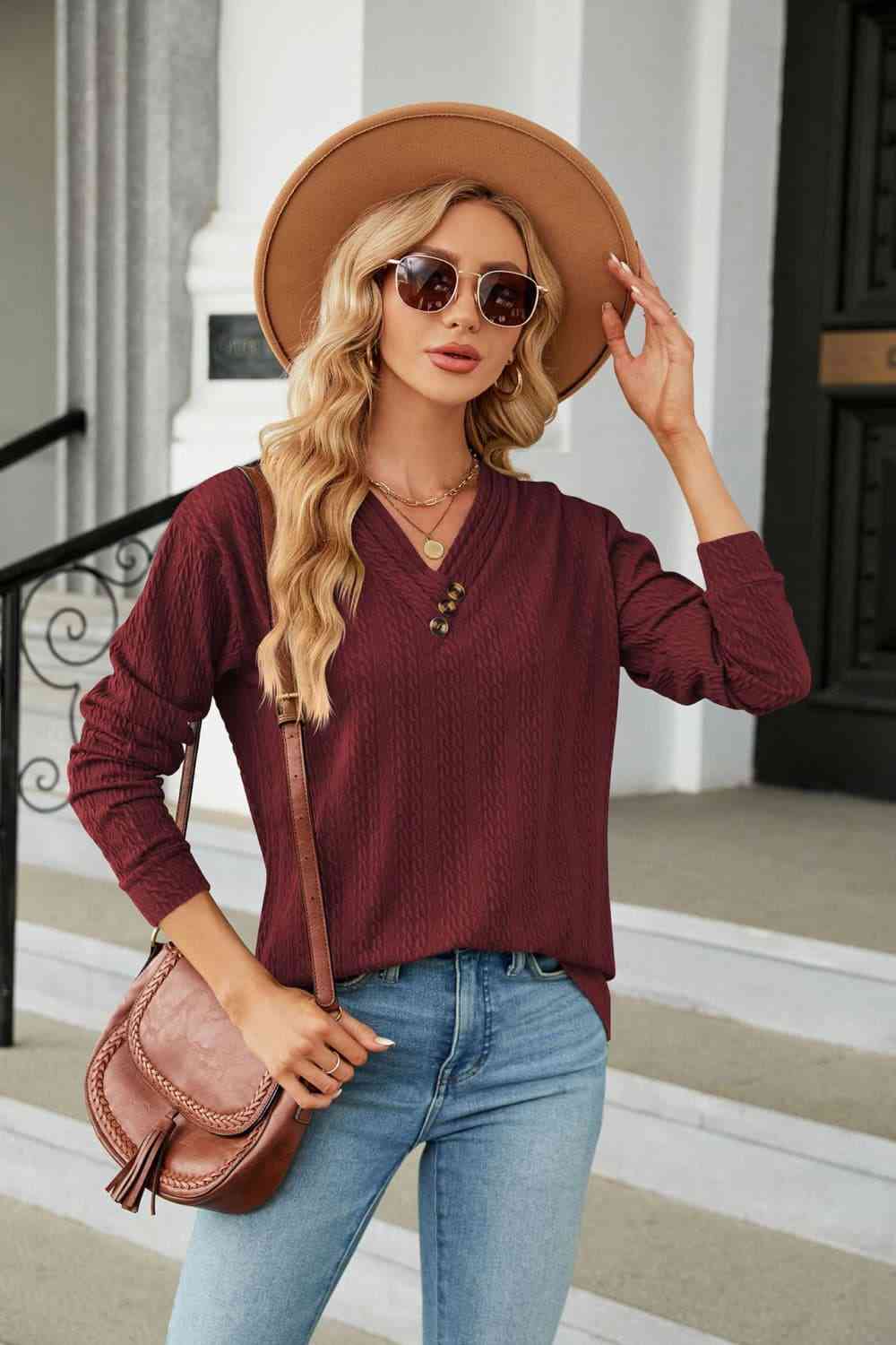 swvws Decorative Button V-Neck Long Sleeve T-Shirt