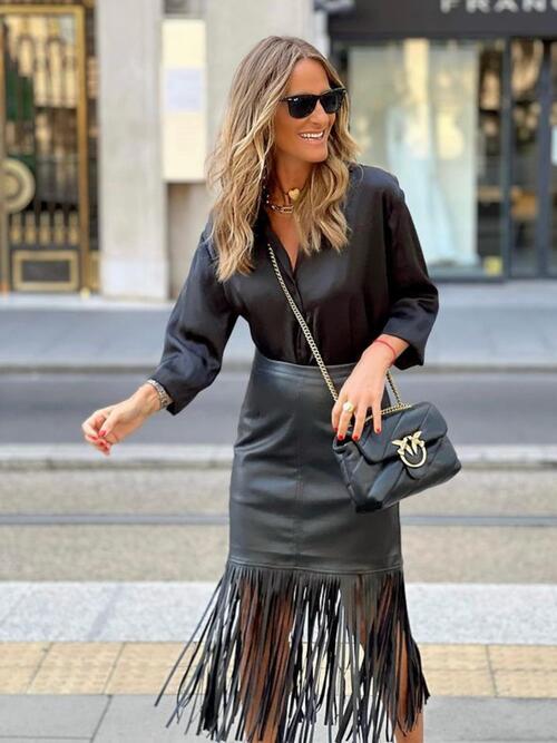 swvws High Waist Fringe Hem Skirt