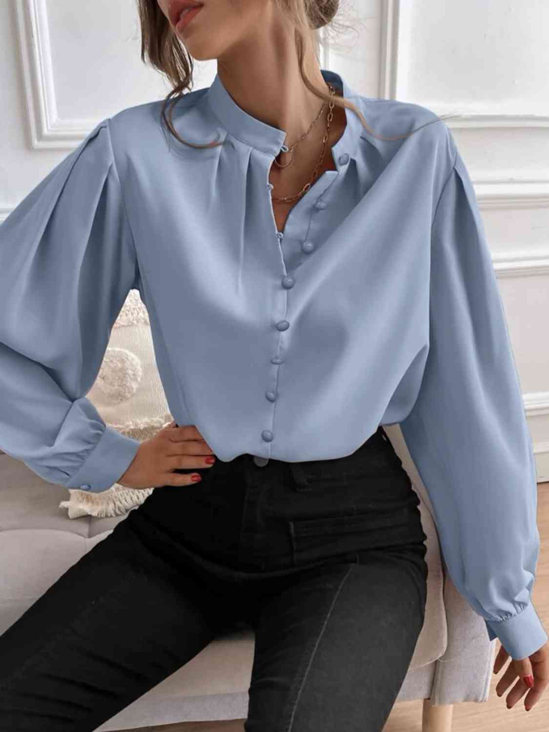 swvws Mock Neck Button Front Shirt