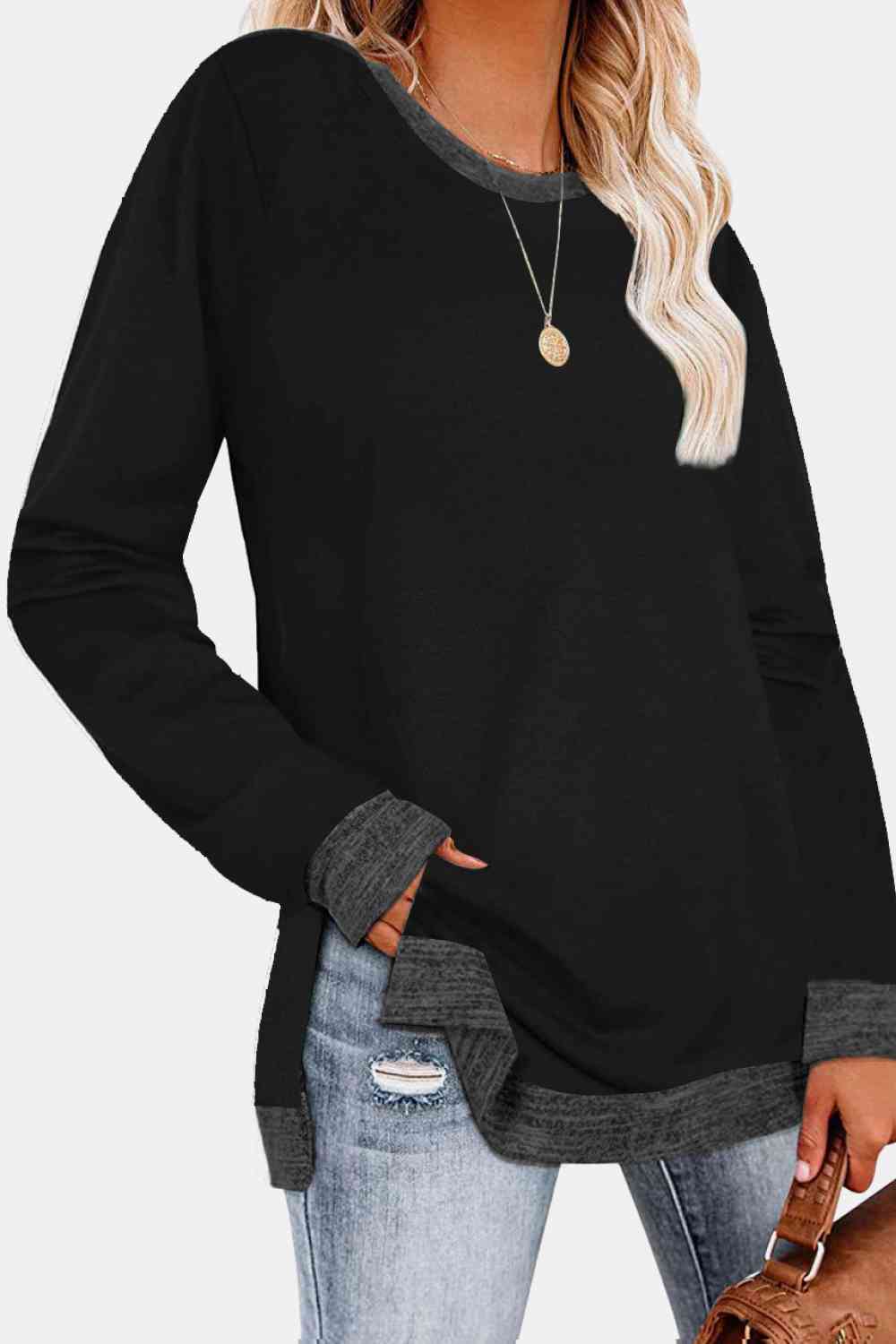 swvws Round Neck Long Sleeve Slit T-Shirt